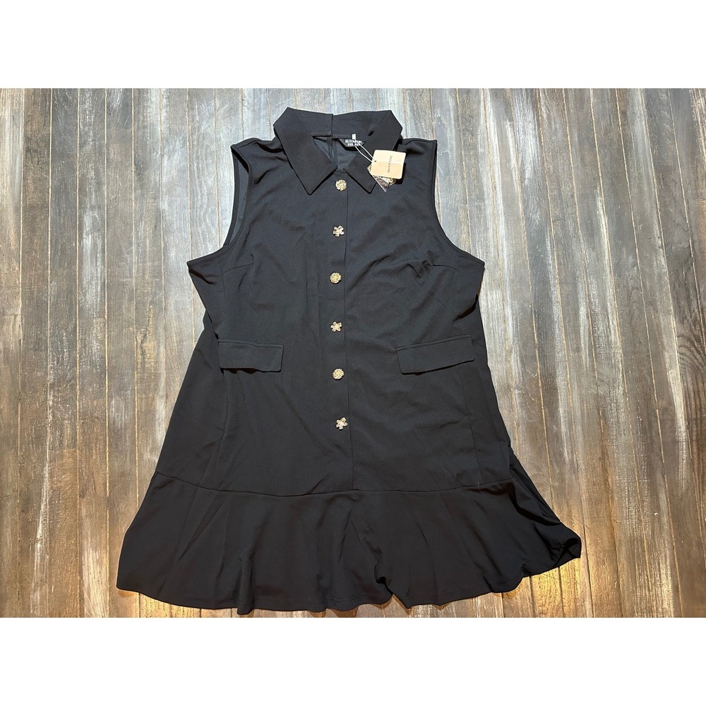Bloom Chic Black Sleeveless Ruffle Hem Mini‎ Dress with Gold Buttons and Collar
